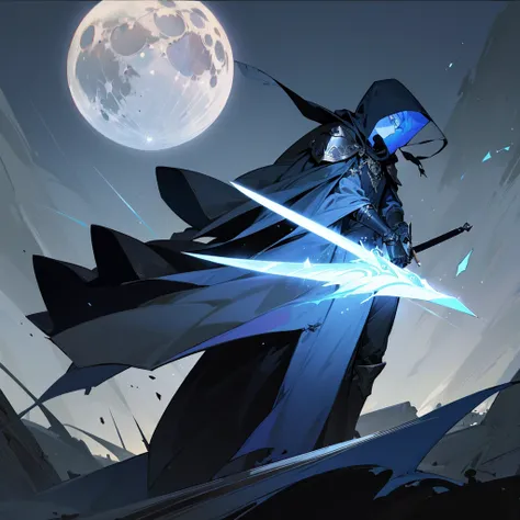 man, Skinny body, Dark blue cape, big hood, face hidden in the remains of the hood, dark face , moon shape on face, huge giant sword , Runic semi-tech sword, sword held in one hand, metal shoulder pad, black shirt ,melancholic pose, tetric ,battle pose 