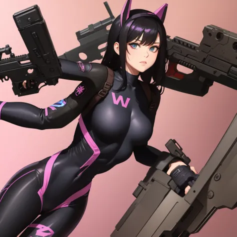 Bodysuit, gun in hand, black hair, bangs, dva