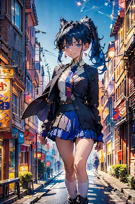 (masterpiece), (high resolution 8K), professional illustration, 1 girl, late teenage, walking, turn around, arched back, full body, dutch angle, birds eye view, hoody, mini-skirt, back pack, blue hair, smile, looking away, sea, night, high contrast, profes...