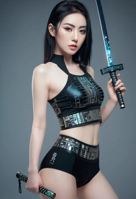 a Futuristic female warrior holding a katana, (Delicate skin), Pale skin, (in a deep neckline highly detailed sexy Futuristic cyberpunk black crop top and underpants made of circuit boards, Japanese words with glitter effect, Beautiful epic work, Futuristi...