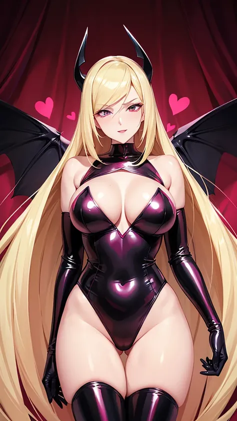 Erotic　Lusamine blonde tall busty mature married woman pink sequins female executive in rubber suit red black background heart bedroom dark theme evil fall temptation excitement sneer sexy pose upper body emphasis angle from below bat wings succubus