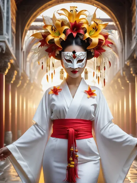 (Imagine:1.3), (full-body shot:1.5), Venice Oriole Queen , Glowing woman wearing feather mask , Årafed woman in kimono , White ceramic Venetian mask , Satan Red Licorice , Yellow lily , Hurricane Flower , Neon yellow and white, 最OK质量, high quality, OK, Ult...