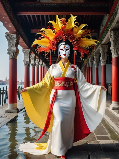 (Imagine:1.3), (full-body shot:1.5), Venice Oriole Queen , Glowing woman wearing feather mask , Årafed woman in kimono , White ceramic Venetian mask , Satan Red Licorice , Yellow lily , Hurricane Flower , Neon yellow and white, 最OK质量, high quality, OK, Ult...