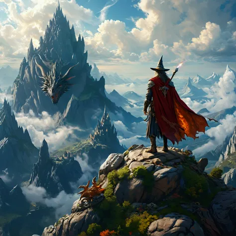 Fantasy art image of a wizard on top of a rock with a masterful view of mountains and dragons in the sky, 4k super detallado