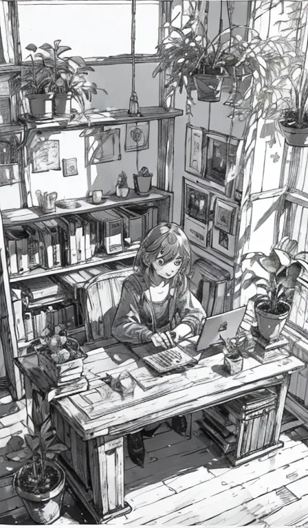 A person sitting at a desk, working on a laptop. The desk has a cup of coffee, some books, and a potted plant. The background is a cozy home office with warm lighting.