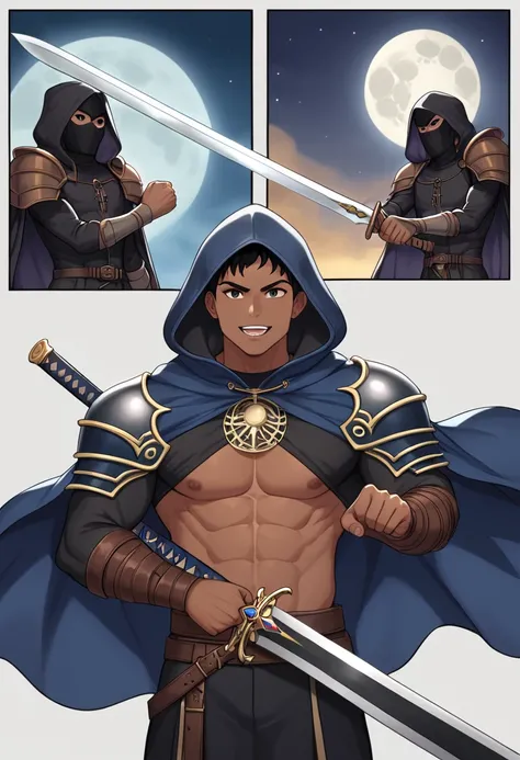 man, Skinny body, Dark blue cape, big hood, face hidden in the remains of the hood, dark face , moon shape on face, huge giant sword , Runic semi-tech sword, sword held in one hand, metal shoulder pad, black shirt ,melancholic pose, tetric ,battle pose 