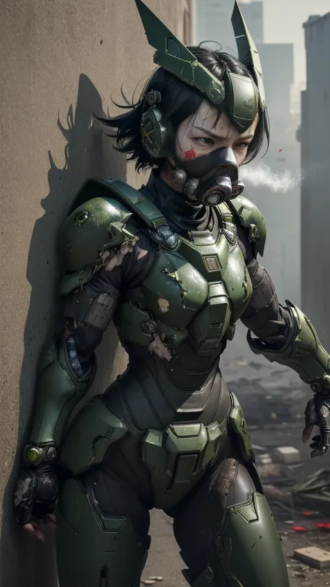 , Advanced Details, high quality, 最high quality, High resolution, 1080P 、Bleeding from the wound、Sexy Eyes、Wearing green and black、cute((The whole body is sweating))(Equipped with a damaged battle suit....)(Dark green armor)(Broken Armor)Black Hair、Chiquit...