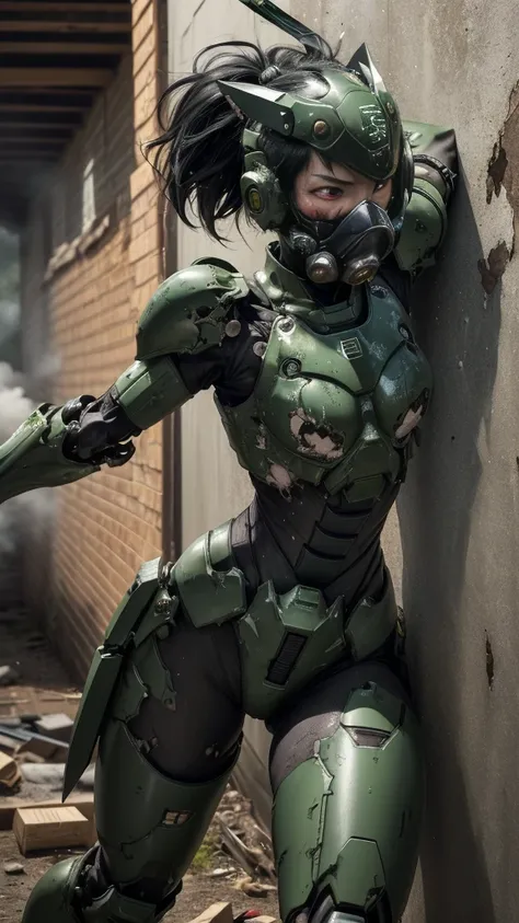 , Advanced Details, high quality, 最high quality, High resolution, 1080P 、Bleeding from the wound、Sexy Eyes、Wearing green and black、cute((The whole body is sweating))(Equipped with a damaged battle suit....)(Dark green armor)(Broken Armor)Black Hair、Chiquit...