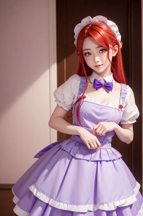 Sexy blushing boy in maid outfit with red hair and purple eyes