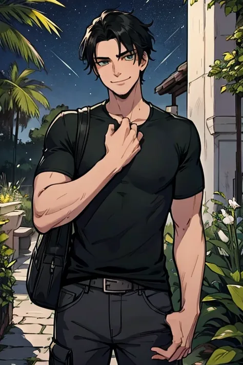 perfect face, perfect hand A black haired man with green eyes in a gothic rolled up shirt and cargo shorts is watching the stars at night with a big smile in the gardens