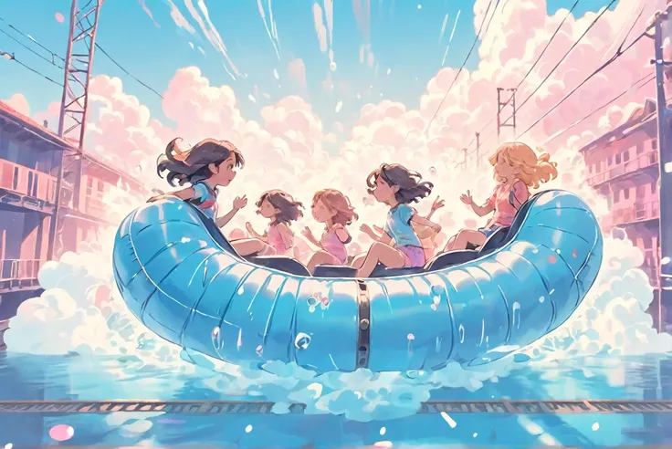 soft pastel digital illustration style of girls floating on inflatable boa,  train moving through sea, water splash, water covered train tracks, beautiful clouds, light particles, bright afternoon, soft colors