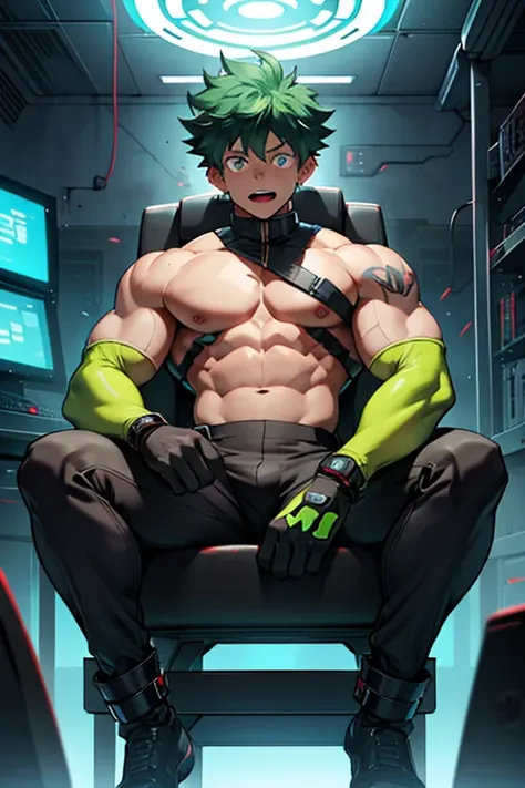 Midoriya from My Hero Academia as a hyper muscular brainwashed drone wearing a full body black shiny rubber latex gimp uniform staring blankly ahead with vapid expression at a computer screen displaying a hypnotic spiral while he sits in a restraint chair ...