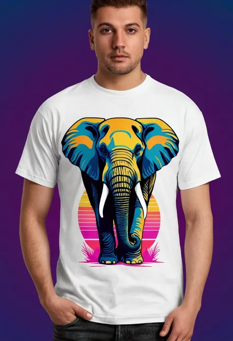 An elephant, discreet colors, vector design, vintage colors, symbolism, synthwave:: t-shirt vector, centered composition, graphic design, light background::2 mockup::-2 --upbeta --ar 1:1