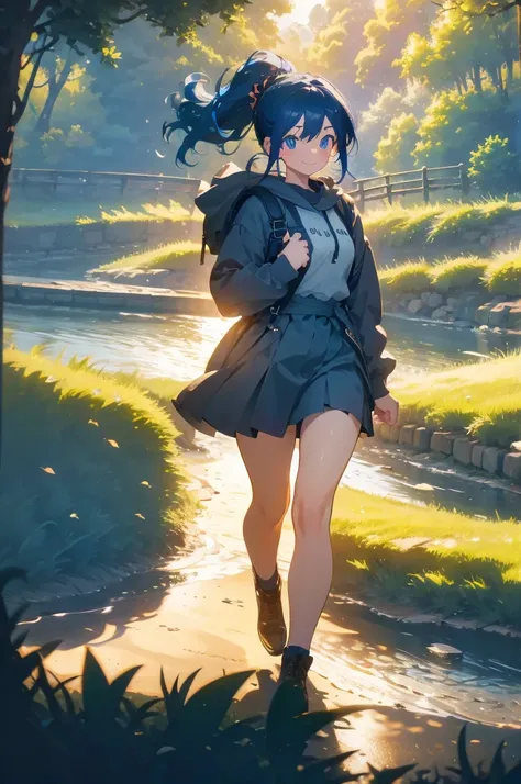 (masterpiece), (high resolution 8K), professional illustration, 1 girl, late teenage, walking, turn around, arched back, full body, dutch angle, birds eye view, hoody, mini-skirt, back pack, blue hair, smile, looking away, sea, night, high contrast, profes...