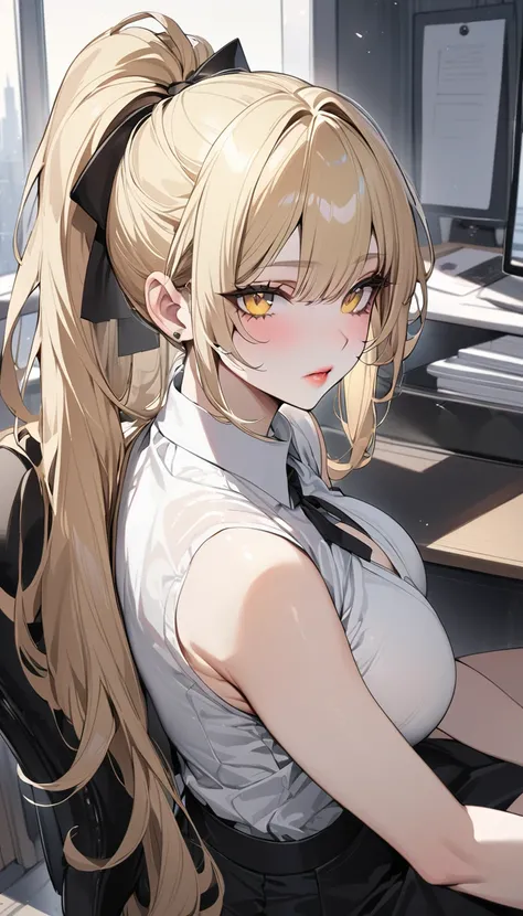 Highest quality　masterpiece　High resolution　Long blonde hair　　ponytail　Character Portrait　Yellow Eyes　Pale pink lips　F Cup　Fluffy body　White blouse　No sleeve　Black tight skirt　office　Sit on a chair