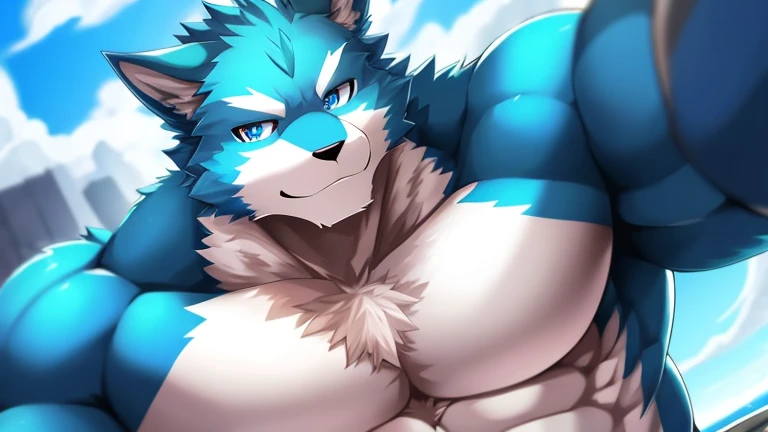 bynamic angle,depth of field, motion blur, absurdres,looking at viewer, (best quality), (masterpiece), (ultra detailed),(detailed eyes),sharp focus,manga,anthro male Blue Wolf,(muscular),Huge body chest  , own pet kitty ,sky blue eyes,handsome