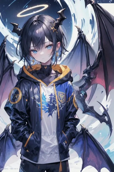 masterpiece, highest quality, highest resolution, clear_image, photo realistic, detailed details, (11 teen boy, scruffy black hair, bangs, Blue eyes, moon, dark night, long earrings, black hoodie, sky blue demon horns, blue great sword at the back, sky blu...