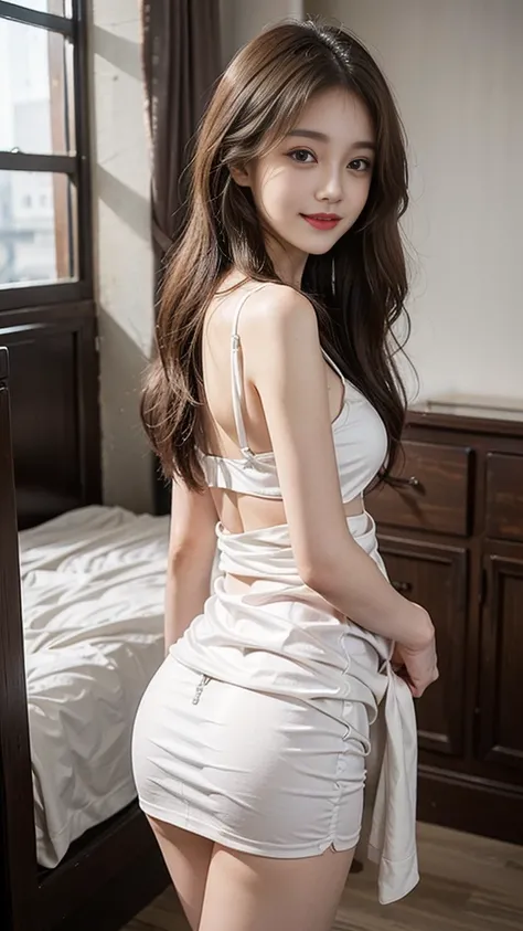 8K, Highest quality, Realistic, photoRealistic, (alone),1 Girl), Light, masterpiece, (Cute Smile), Depth of written boundary, (In the room), ,(Mid-chest:1.2), (Small beautiful butt), (Narrow waist), Thin thighs、(White skin), (long wavy brown hair),(Beautif...