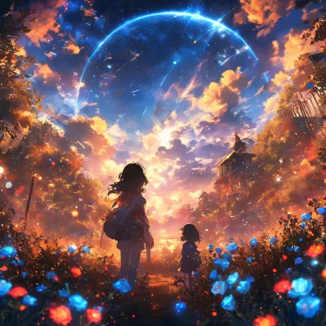 masterpiece, Concept art, Panorama, center, shape, Wide angle, garden, night, (meteor), Space galaxy background, (Amazing composition, Epic scale), Dynamic lighting, Bright colors, Blue roses, boy with landscape black hair, long eyelashes, solid round eyes...