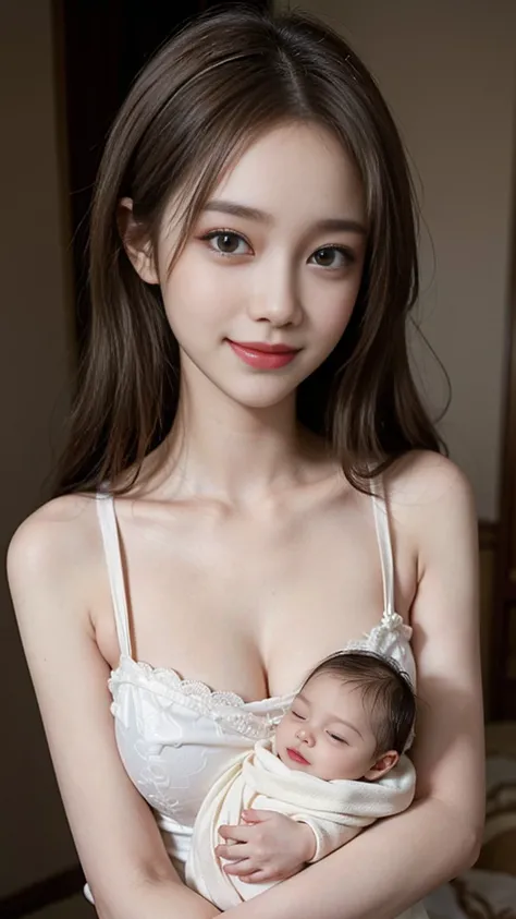 8K, Highest quality, Realistic, photoRealistic, (alone), (1 Girl), Light, masterpiece, (Cute Smile), Depth of written boundary, (In the room), ,(Mid-chest:1.2), (White skin), (long wavy brown hair),(Beautiful Face:1.2) ,(Bright Eyes) ,(Beautiful tall girl、...