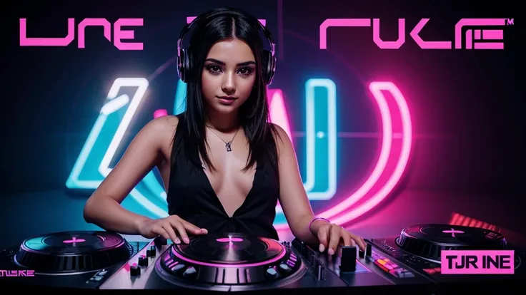 Beautiful young girl playing dj. background font "Türkçe Pop" on top Highlighted bold, "2024" smaller stylized text, "Türkçe Remix" bottom stylized text. vibrant color combination.
