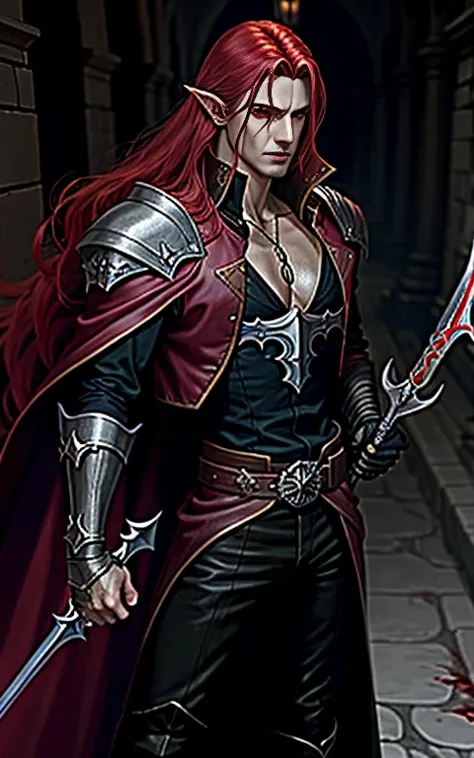 alucard, castlevania, simphony of the night, bust, full body image, blood red hair, eladrin elf, sword in hand, piercing look, looking forward, lots of details, 8k, black gold and silver clothes