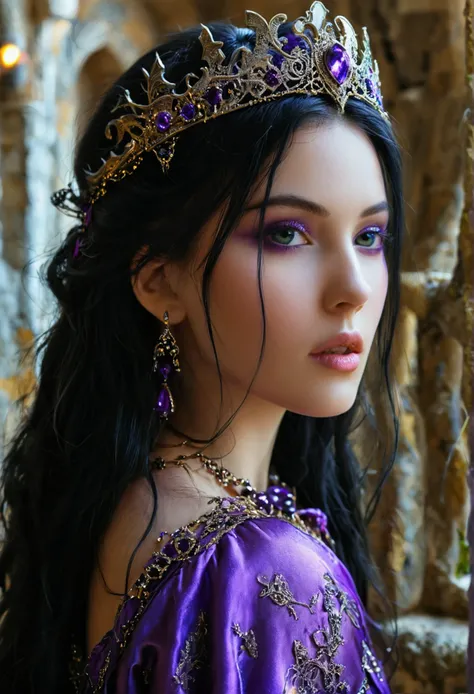 Beautiful sorceres, having black long hair, purple clothing, gorgeous girl, in the castle.