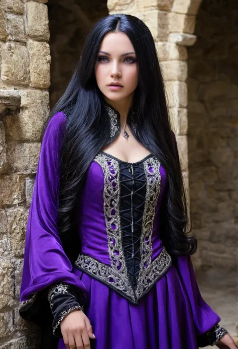 Beautiful sorceres, having black long hair, purple clothing, gorgeous girl, in the castle.