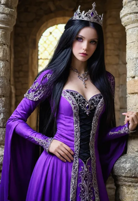 Beautiful sorceres, having black long hair, purple clothing, gorgeous girl, in the castle.