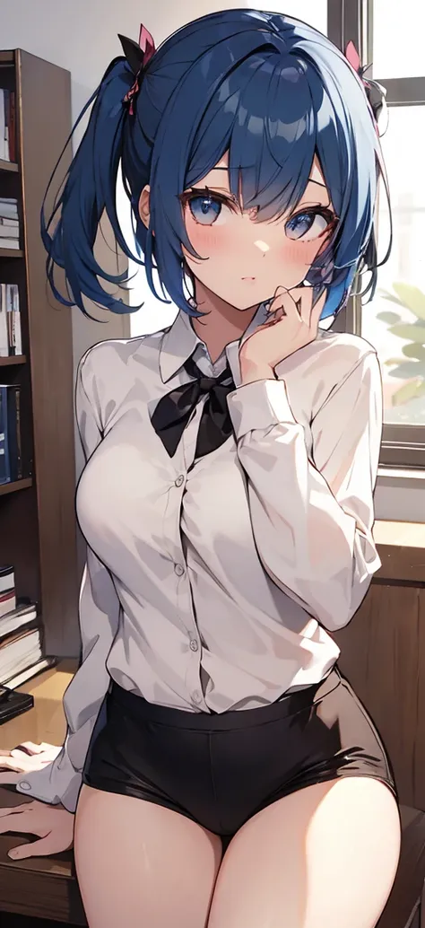 in the room, underwear, blush, focus on the face, bangs, hair circle, blue hair