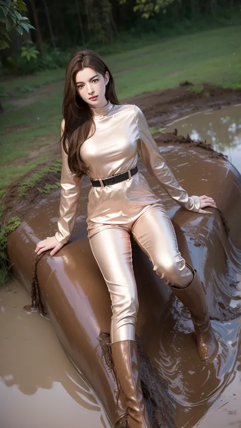 Young Anne Hathaway has long brown hair,Wearing a pink shiny full body suit，Full breasts，Long legs，Over the knee boots，Wear a belt，Lying in the mud，Stuck in the mud，The body was covered in mud stains，Full body picture，Realistic