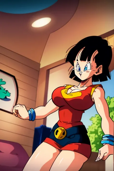 ultra detailed, masterpiece, best quality, solo, soft smile, light smile, Videl, Dragon Ball,
hairband, short hair, red hairband, bangs, sleeveless, dress, jewelry, belt, red dress, braceletblue eyes, colored eyelashes, eyelashes, black hair, , big breast,...