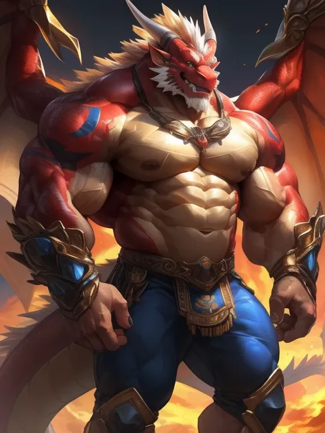 by lindong, lucusold, lanxus, a man with huge muscle,muscle god,loong,((loong)), furry loong wearing ((daily clothes )),the twelve Chinese zodiac signs, ((muscular, eightpack)), marvelous smile , look at the auidence,thick,sexy,nsfw, lowres, giant and musc...