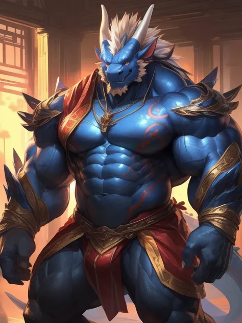 by lindong, lucusold, lanxus, a man with huge muscle,muscle god,loong,((loong)), furry loong wearing ((daily clothes )),the twelve Chinese zodiac signs, ((muscular, eightpack)), marvelous smile , look at the auidence,thick,sexy,nsfw, lowres, giant and musc...