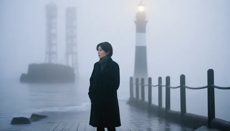 1 36-year-old Korean woman, Short hair, black coat, alone, rain, Fog, cold, boring, , pier, Only, lighthouse in the distance, Coast, The dim light shines in the Fog,and the figure stands in the Fog holding ,drizzling, (명암대rain, cinematic lighting, shadow, ...