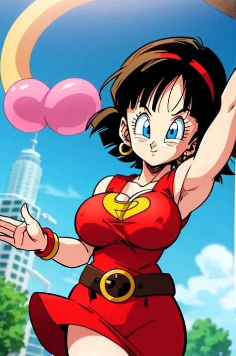 ultra detailed, masterpiece, best quality, solo, soft smile, light smile, Videl, Dragon Ball,
hairband, short hair, red hairband, bangs, sleeveless, dress, jewelry, belt, red dress, braceletblue eyes, colored eyelashes, eyelashes, black hair, , big breast,...