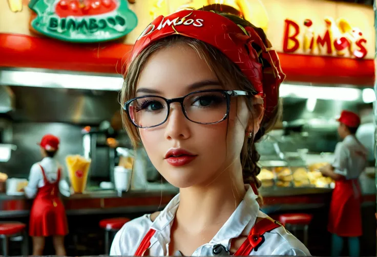 Cute woman, fast food worker, restaurant named Bimbos, all the food is boob themed. Staff in bikinis and high heels
