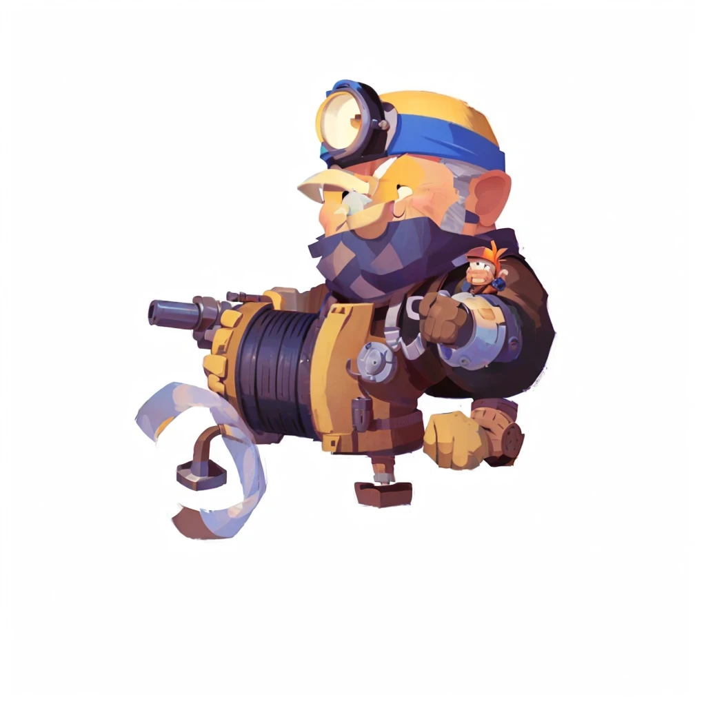 cartoon image of a man with a pipeline and a wren, pepe the miner, engineer, mechanical, muscular female gnome engineer, Mini Gun, Unreal No, mining, Heavy weapons guy, Landmines, Farmers, steampunk engineer, old charismatic mechanical, Tinkerer, Fisherman...