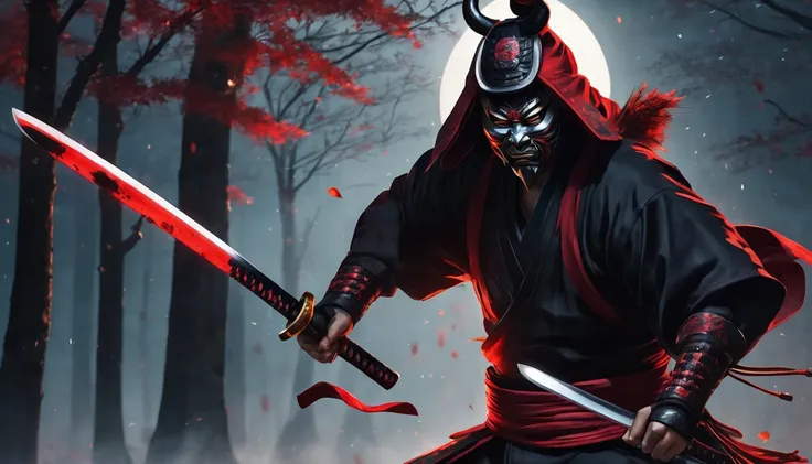 samurai with red and black hooded robes wearing oni mask make a slash move with katana, night, leafes falling around, moon shines through the tree, close up, Photo realistic, highly detailed, hyper realistic, 4k