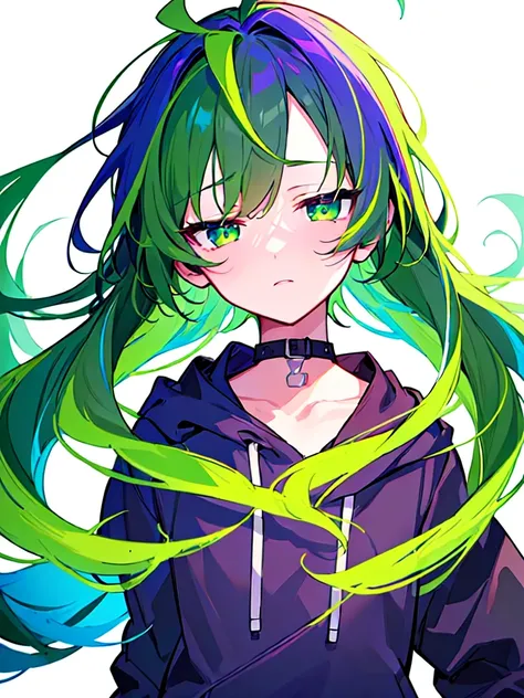 [(WHITE BACKGROUND:1.5),::5], ((((masterpiece)))), high quality, ultra very high resolution, full color, (((solo))), ((little boy)), Purple hair, ((Green streaked hair)), (Green eyes), anime, ((upper body)), neon light, black parka, 