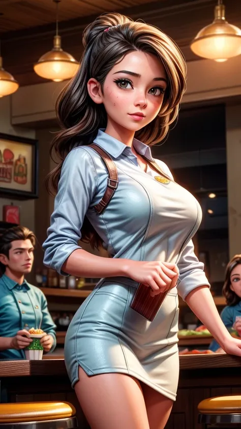 a beautiful female fast food restaurant worker, taking orders from crowded customers, detailed face and eyes, beautiful detailed lips, extremely detailed facial features, intricate restaurant interior, warm lighting, vibrant colors, high quality, photoreal...