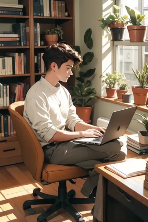 A person sitting at a desk, working on a laptop. The desk has a cup of coffee, some books, and a potted plant. The background is a cozy home office with warm lighting.