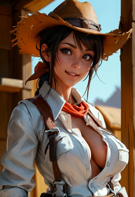 Generates a woman dressed as a cowgirl with brown suspender ,gunbelt  and bandana black clothing and her genitals visible topless nude  and nipples big-boobs smile  same person no change in house of  4 poses styles.