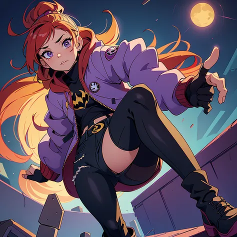 I want you to make an illustration in Disney 2D animation style.  The character is a young teenager of approximately 18 years old.  She has red hair that reaches below her shoulders and is wearing an open purple jacket with a hood on her head and underneat...