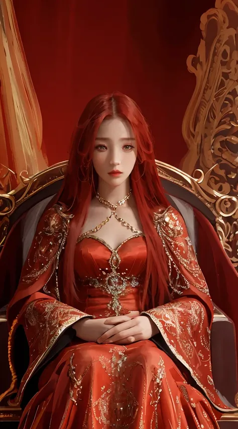 beautiful, masterpiece, best quality, extremely detailed face, perfect lighting, 1girl, solo, red hair, red eyes, detailed dress, sitting in a throne, long hair