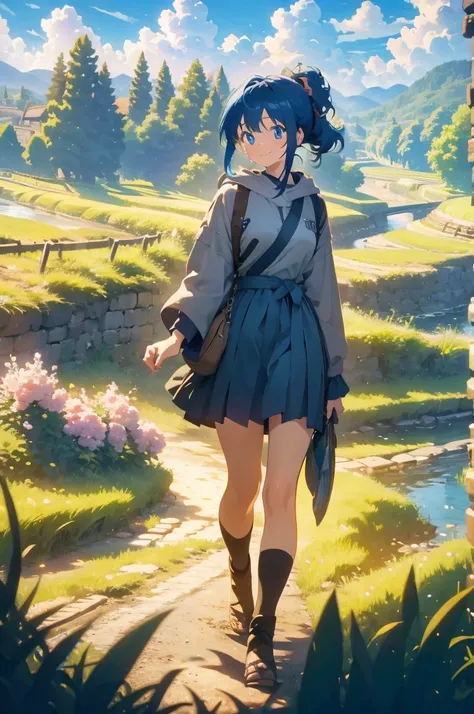 (masterpiece), (high resolution 8K), professional illustration, 1 girl, late teenage, walking, turn around, arched back, thigh focus, dutch angle, birds eye view, hoody, mini-skirt, , blue hair, smile, looking away, japanese rural landscape, rice paddies, ...