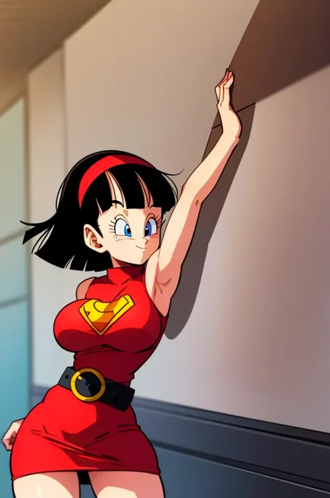 ultra detailed, masterpiece, best quality, solo, soft smile, light smile, videl, dragon ball,
hairband, short hair, red hairband...