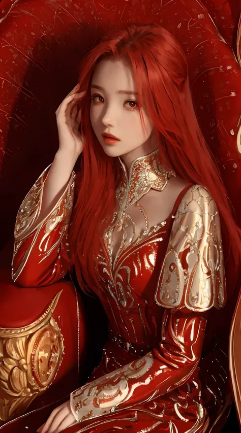 beautiful, masterpiece, best quality, extremely detailed face, perfect lighting, 1girl, solo, red hair, red eyes, detailed dress, sitting in a throne, long hair