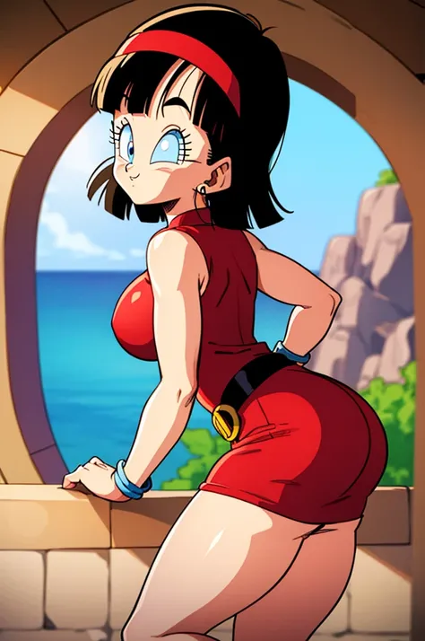 ultra detailed, masterpiece, best quality, solo, soft smile, light smile, Videl, Dragon Ball,
hairband, short hair, red hairband, bangs, sleeveless, dress, jewelry, belt, red dress, braceletblue eyes, colored eyelashes, eyelashes, black hair, , big breast,...