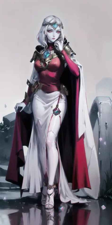 best quality, masterpiece, 1girl, perfect face, detailed eyes, perfect pale white skin ((Cassia Orsellio, colored skin, white hair, red eyes, gem, circlet, jewelry)) long red dress, red cape, red heels, red gloves gauntlets, full body toe to head